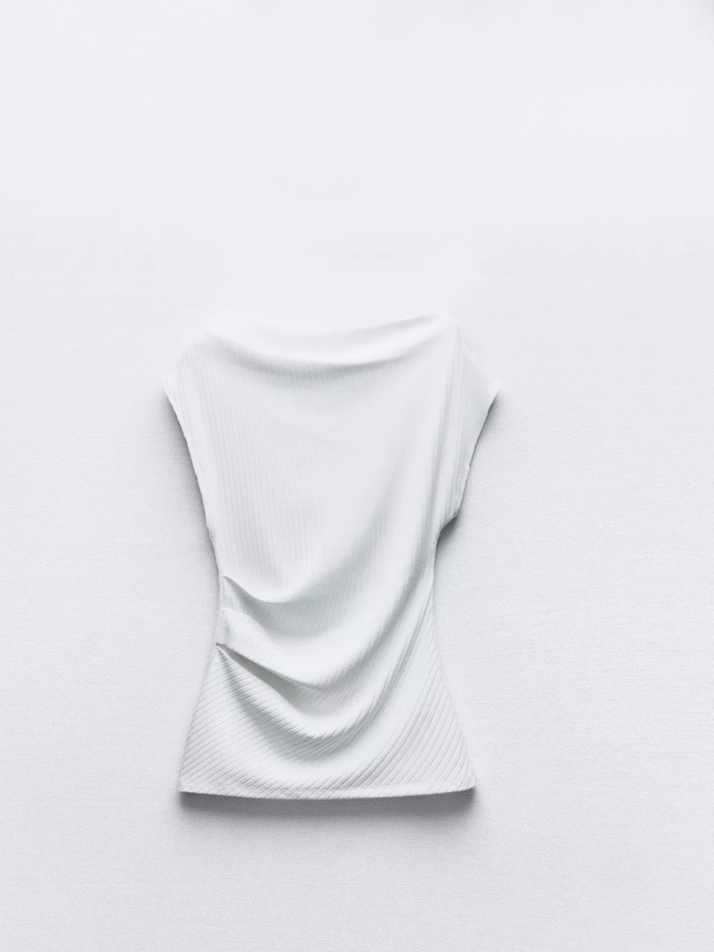 Zara White Draped Ribbed Asymmetry Tank Top